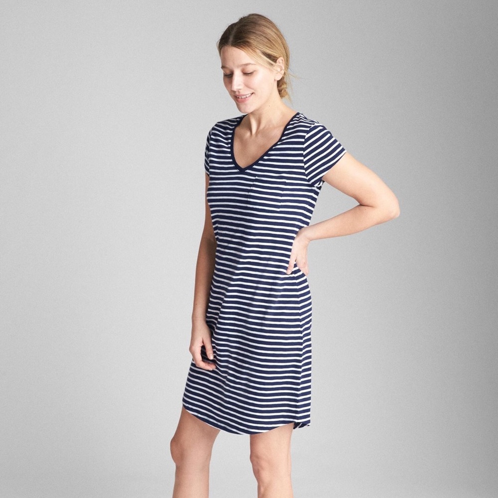 Gap T Shirt V Neck Pocket Stripe Shift Navy Dress